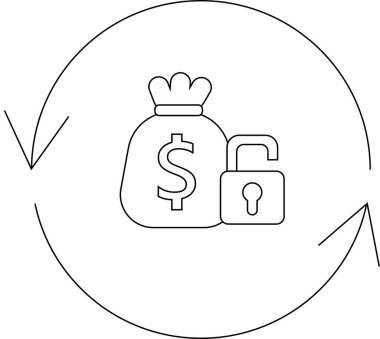 Bir dolar işareti ve kilitlenmemiş kilidi olan bir para çantasının çizgili sanat tasviri, dairesel bir okla çevrili, finansal güvenliği ve döngüsel yatırımı simgeliyor..