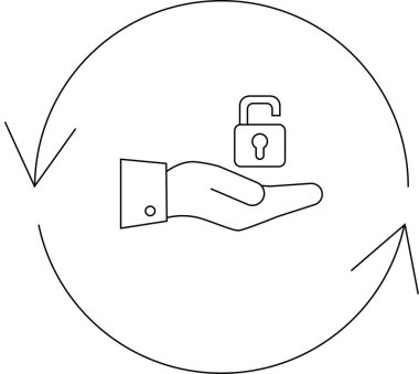 Bir el, sürekli süreç ve korunmayı temsil eden dairesel bir ok akışı ile çevrelenmiş, güvenlik ve erişimi sembolize eden kilitsiz bir asma kilit sunar..