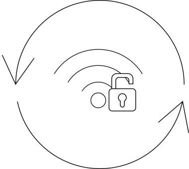 Oklarla çevrili bir çemberin içinde kablosuz ağ güvenlik açığı ve potansiyel riskleri temsil eden açık bir asma kilit..