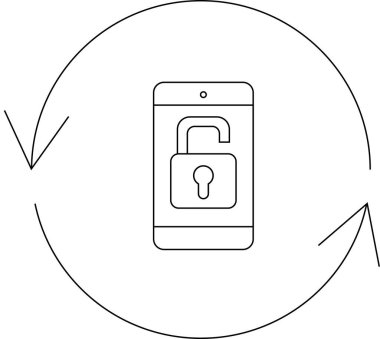 Dairesel oklarla telefon açma işlemi, mobil güvenlik kavramı, veri koruması, cihaz güvenliği, akıllı telefon kilidi açma, vektör illüstrasyonu