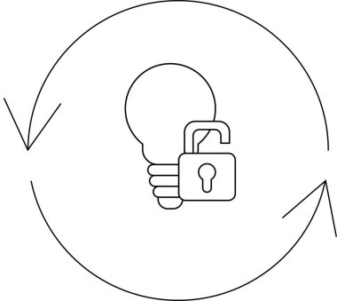 Dairesel bir okla çevrili, açık asma kilitli bir ampulü içeren kavramsal illüstrasyon fikirleri ve sürekli yeniliği sembolize ediyor..