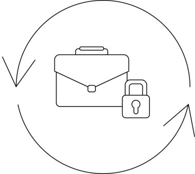 Bir evrak çantası ve asma kilit içeren bir iş güvenliği döngüsü simgesi, veri koruması ve güvenli işlemleri sembolize ediyor.