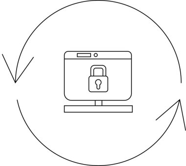 Bir bilgisayar monitörü, güvenlik güncellemeleri ve veri korumasını temsil eden dairesel oklarla çevrili bir asma kilit sembolü gösterir.