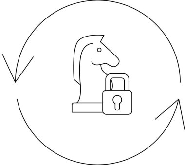 Dairesel oklarla çevrili bir satranç şövalyesi ve asma kilit içeren bir siber güvenlik stratejisi, stratejik korumayı ve sürekli gelişmeyi simgeliyor..