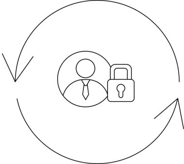 Bir veri koruma döngüsünü tasvir eden, kişisel bilgilerin sürekli güncellenmesi ve asma kilit sembolü ile korunması yoluyla kullanıcı gizliliği ve güvenliğinin vurgulanması.