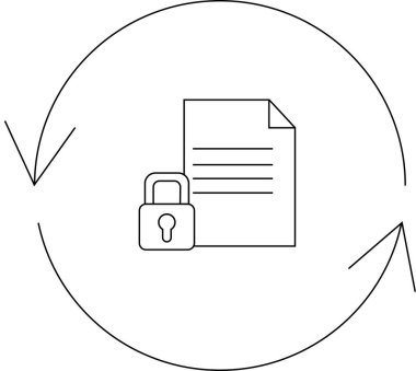 Veri güvenliği ve koruma konsepti. Çevresinde dairesel oklar olan bir belge ve asma kilit simgesi.