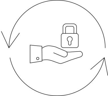 Çevresinde dairesel oklar olan bir asma kilidi tutan bir el güvenlik, koruma ve döngüsel süreçleri sembolize eder..