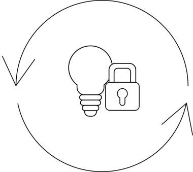Bir ampul ve asma kilit, fikir koruması ve güvenliği sembolize eden oklarla çevrili bir çemberle çevrilidir..