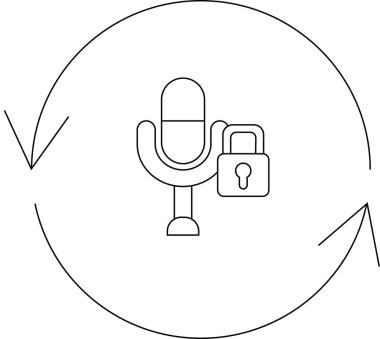 Çember okla çevrili asma kilitli bir mikrofon simgesi, güvenli ses kaydı ve veri gizlilik korumasını sembolize eder.
