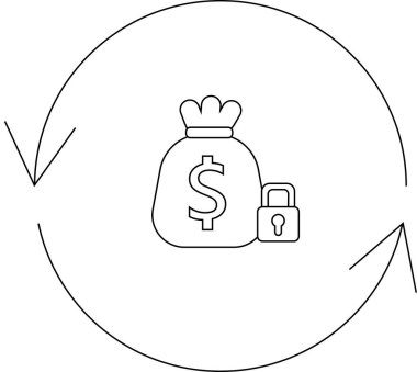 Dolar işareti ve asma kilitle çevrili para çantasını gösteren simge, dairesel bir okla çevrili, mali güvenliği, yatırım döngülerini ve varlıkların korunmasını sembolize ediyor.