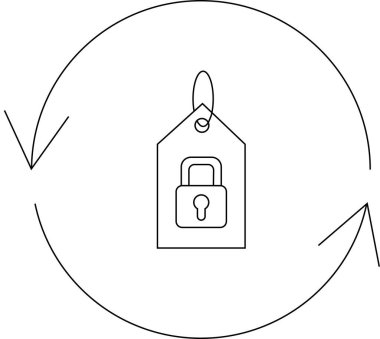 Dairesel bir okun içinde asma kilit olan bir etiket, güvenli veri alışverişini ve korumayı simgeliyor..