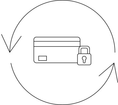 Dairesel oklarla çevrili asma kilitli bir kredi kartı, finansal işlemlerde güvenli ödeme işlemini ve veri korumasını simgeliyor.