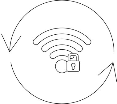 Bir asma kilit sembolü ve veri akışını gösteren dairesel oklarla güvenli bir Wi-Fi ağ bağlantısı çizimi.