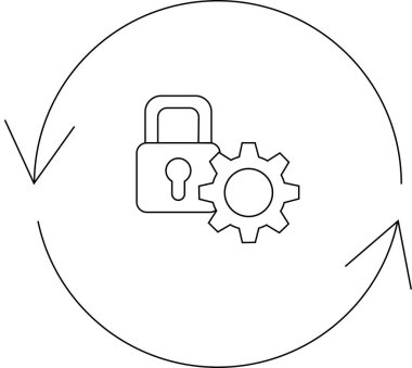 Bir asma kilit ve teçhizat, güvenlik otomasyonu ve sürekli korumayı sembolize eden dairesel bir okla çevrilidir..