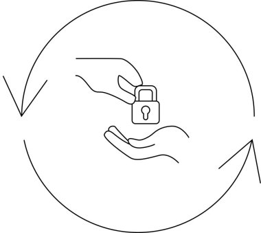 Bir asma kilidi dairesel bir ok içinde diğer ele geçiren bir eli tasvir eden minimalist bir sanat çizgisi, güvenlik değiş tokuşunu veya transferini sembolize ediyor.