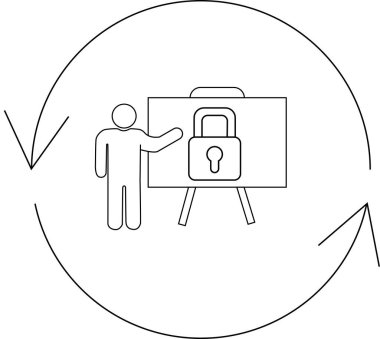 Güvenlik eğitimini dairesel oklarla çevrili bir asma kilitle sunan bir kişinin tasviri sürekli gelişmeyi ve güvenlik güncellemelerini simgeliyor..