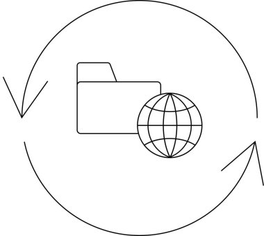 Oklarla çevrelenmiş, veri senkronizasyonunu ve küresel erişimi sembolize eden, bir dizin ve küreden oluşan basit bir çizgi sanat simgesi.