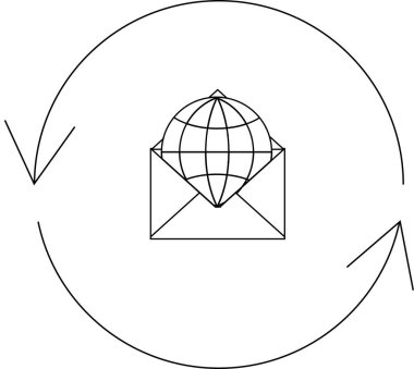 Küresel iletişimin sembolik bir temsili, içinde yuvarlak oklarla çevrili bir küre bulunan bir zarf, dünya çapında bir değişim ve bağlantı olduğunu gösteriyor..