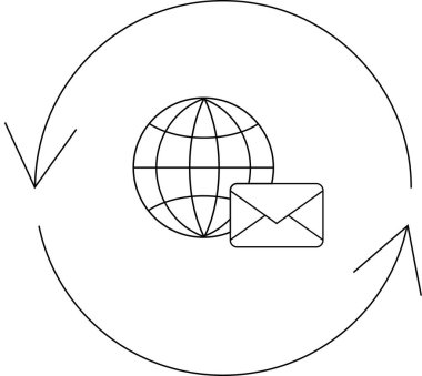 Küresel iletişimin sembolik bir temsili. Dairesel bir hareketle bir küre, bir zarf ve oklar içeriyor. Bu da sürekli değişim ve bağlanabilirliği gösteriyor..