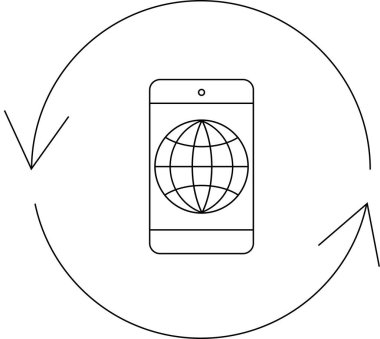 Dairesel oklarla çevrili bir küreyi gösteren bir cep telefonu, dijital dünyada küresel bağlantı ve veri transferini temsil eder.