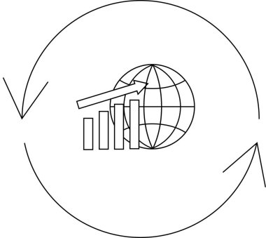 Küresel ekonomik büyümeyi tasvir eden bir çizgi, yukarı bakan bir okla bir çubuk grafik, dairesel bir döngü içinde çevrili.
