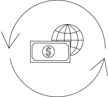 Küresel finansı tasvir eden basit bir çizgi, bir dolarlık banknot ve oklarla çevrili bir dünya, paranın akışını sembolize ediyor..