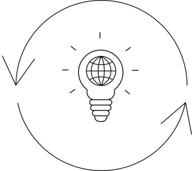 İçinde yuvarlak oklarla çevrili bir küre bulunan bir ampul küresel yeniliği ve sürekli gelişmeyi simgeler..