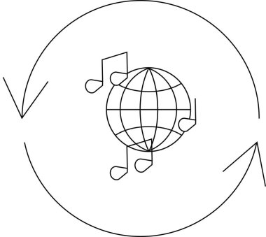 Yörüngesinde müzik notaları olan, müziğin evrensel dilini ve sürekli küresel dolaşımını sembolize eden stilize edilmiş bir küre..