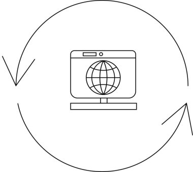 Bir bilgisayar monitörü, dijital dünyada küresel ağ bağlantılarını ve veri alışverişini sembolize eden dairesel oklarla çevrili bir dünya görüntüler..