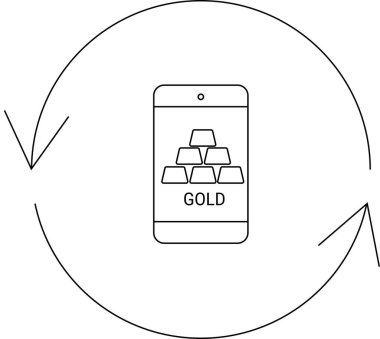 Çevresi yuvarlak oklarla çevrili, yatırımı ve ticareti temsil eden, ekranda altın harflerle gösterilen bir akıllı telefon..