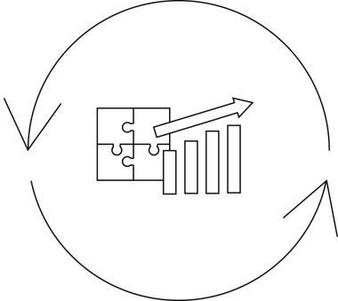 Yapboz parçaları, çubuk grafik ve oklarla iş büyümesi döngüsünün bir tasviri. Sorun çözme ve ilerlemeyi temsil eder.