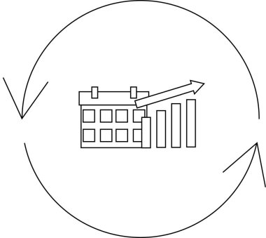 Çemberin içinde bir takvim ve grafik simgesi, zaman içinde tekrarlayan büyümeyi ve ilerlemeyi sembolize ediyor..