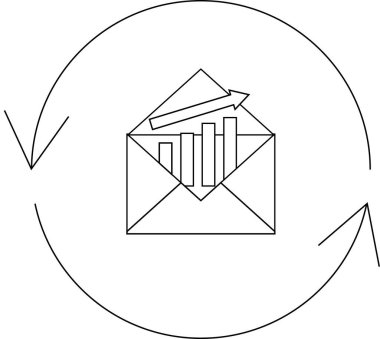 E- posta pazarlama analiz simgesi içinde grafik ve çevresinde dairesel ok olan açık bir zarf gösteriyor.