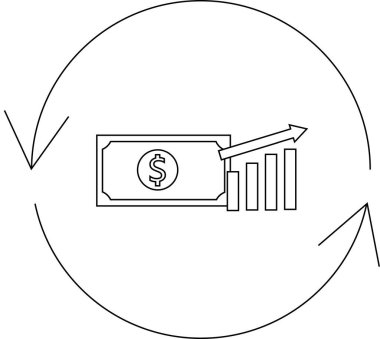 Finansal büyüme ve dolaşımın görsel bir temsili, bir dolarlık banknot, yükselen bir ölçü grafiği ve dairesel bir okun yer aldığı.
