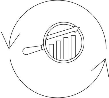 Büyüme analizini betimleyen bir siyah ve beyaz simge, yukarı doğru eğilimli bir çubuk grafiğinin üzerinde büyüteç içeriyor, dairesel bir okla çevrili..