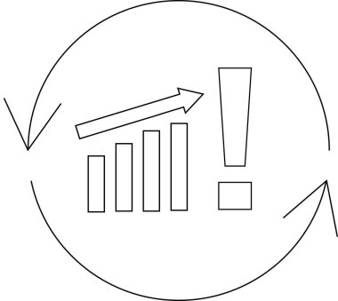 Yukarı doğru ok, ünlem işareti ve büyümeyi ve gelişmeyi temsil eden dairesel bir oku gösteren bir diyagram..