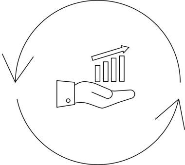 Yukarıyı gösteren ve sürekli gelişmeyi ve büyümeyi sembolize eden dairesel bir ok döngüsüyle çevrili bir büyüme grafiğini tutan bir el..