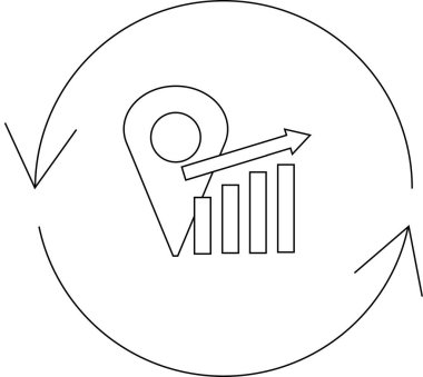 Bu illüstrasyon, hedeflenen büyümeyi sembolize eden dairesel oklar, bir konum iğnesi ve bir çubuk grafiği içeren konuma dayalı bir pazarlama stratejisi tasvir etmektedir..