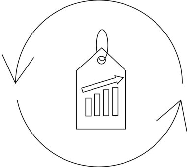 Beyaz zemin üzerinde izole edilmiş dairesel bir okla çevrili, içinde büyüyen bir grafik gösteren bir etiket ile fiyat artışı gösterimi.