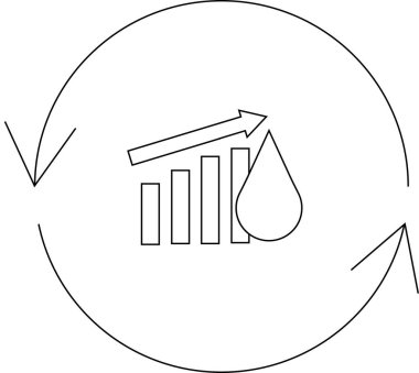 Büyümeyi ve sürdürülebilirliği sembolize eden, yükselen bir büyüme grafiği ve bir su damlası ile su döngüsünü tasvir eden basit bir siyah beyaz çizim..