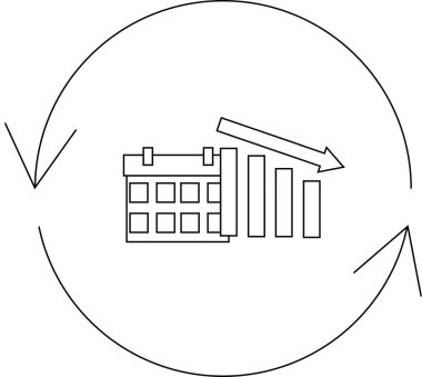 Bir takvim tasviri ve etrafında dairesel bir ok olan düşen çubuklar, zamanı simgeliyor ve azalıyor.