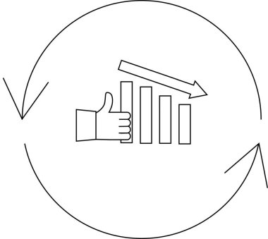Başparmağı yukarı ve dairesel okları olan azalan bir çubuk grafiğinin çizgi çizimi.