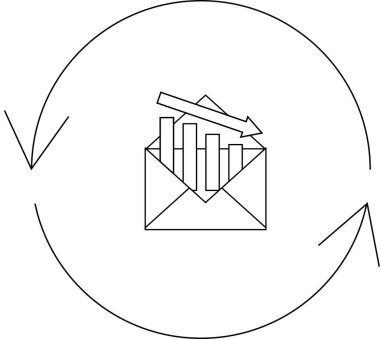 E- posta pazarlama performansının azalmasının sembolik bir gösterimi, bir e-posta zarfı içinde, döngüsel bir okla çevrili bir eğilim.