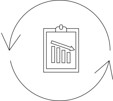 Dairesel oklarla çevrili bir panoda azalan bir çubuk grafiği, iş krizini ve stratejik ayarlamalara duyulan ihtiyacı simgeler..