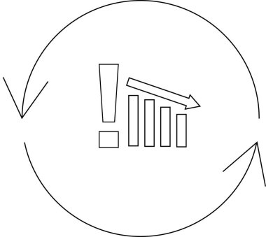 Azalan bir grafiğin görsel bir temsili, bir ünlem işareti ile birlikte, hepsi dairesel bir ok içinde, sürekli bir düşüş veya uyarı döngüsünü sembolize eder..