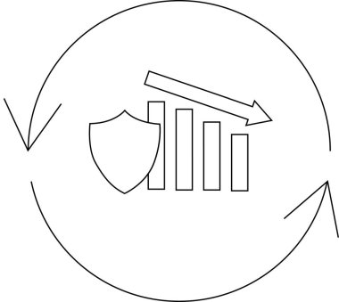Önünde dairesel oklarla çevrili, risk azaltmayı ve sürekli gelişmeyi temsil eden bir kalkan olan bir grafiğin çizimi.