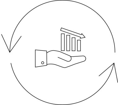 Aşağı doğru eğilimli bir çubuk grafiği tutan bir el, döngüsel bir süreç içinde piyasa düşüşünü ve mali kaybı sembolize ediyor.