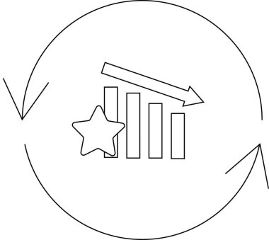 Yıldız derecelendirme ve dairesel oklarla azalan performansı tasvir eden simge, sürekli değerlendirme ve iyileşme döngüleri öneriyor.