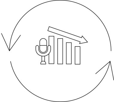 Düşen podcast performansını sembolize eden, sürekli döngü gösteren dairesel oklarla çevrili bir mikrofon ve grafiğin çizimi.