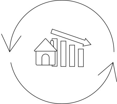 Basit bir çizgi, bir ev simgesi, düşen çubuk grafiği, aşağı doğru ok ve döngüsel bir ok tarafından gösterilen azalan bir emlak piyasasını gösteriyor..